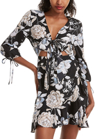 Sommerkleider kurz Damenmode Rot Polyester Kleider 3/4 Ärmel mit Print und Schnüren Sommerkleid in unregelmäßiger Form