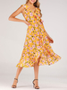 Sommerkleider lang Damenmode Gelb Chiffon Kleider V-Ausschnitt ärmellos mit Print Sommerkleid und schulterfreies Design trägerlos