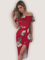 Sommerkleider lang Damenmode Magenta Polyester Kleider mit Carmenausschnitt Kurzarm und Printmuster Sommerkleid und Rüschen in unregelmäßiger Form