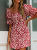 Sommerkleider Rot Damenmode Polyester viereckiger Ausschnitt Kleider Kurzarm und Printmuster Sommerkleid