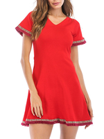 Sommerkleider Rot Damenmode V-Ausschnitt gemischten Baumwollen Kurzarm Kleider im casualen Stil Sommerkleid