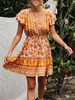 Sommerkleider Schwarz Damenmode lang V-Ausschnitt gemischten Baumwollen Kleider Kurzarm im sexyen Style und schichtigem Design und Printmuster