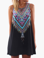 Sommerkleider Schwarz Damenmode Polyester U-Halsausschnitt Kleider ärmellos mit Print Sommerkleid