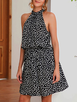 Sommerkleider Schwarz Damenmode Polyester und Trägern Kleider ärmellos und Print und Schnüren Sommerkleid und figurbetonendem Design