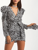 Sommerkleider Schwarz Damenmode Polyester V-Ausschnitt Kleider Langarm mit Print und Schnüren Sommerkleid
