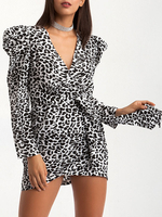 Sommerkleider Schwarz Damenmode Polyester V-Ausschnitt Kleider Langarm mit Print und Schnüren Sommerkleid