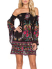 Sommerkleider Schwarz Damenmode Spandex und Carmenausschnitt Kleider Langarm und Print und Falten Sommerkleid schmale Passform