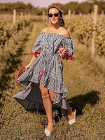 Sommerkleider Schwarz Damenmode und Carmenausschnitt Polyester 1/2 Ärmel Kleider im schicken & modischen Style und High-Low Design und Plaidmuster