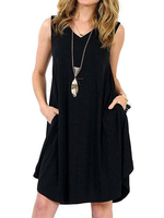 Sommerkleider Schwarz Damenmode V-Ausschnitt Baumwolle ärmellos Kleider im casualen Stil Sommerkleid überdimensional und Taschen