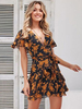 Sommerkleider Schwarz Damenmode V-Ausschnitt Polyester Kurzarm Kleider im Boho-Style Sommerkleid mit figurbetonendem Design und Print und Gürtel