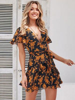 Sommerkleider Schwarz Damenmode V-Ausschnitt Polyester Kurzarm Kleider im Boho-Style Sommerkleid mit figurbetonendem Design und Print und Gürtel