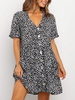 Sommerkleider Schwarz Damenmode V-Ausschnitt Polyester Kurzarm Kleider im Retro-Style Sommerkleid mit Print und Knöpfen