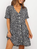 Sommerkleider Schwarz Damenmode V-Ausschnitt Polyester Kurzarm Kleider im Retro-Style Sommerkleid mit Print und Knöpfen