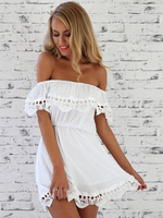 Sommerkleider Weiß Damenmode Baumwolle mit Carmenausschnitt Kleider Kurzarm und Rüschen und rückenfreiem Design Sommerkleid
