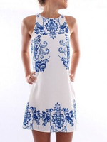 Sommerkleider Weiß Damenmode Chiffon mit Rundkragen Kleider Bohemian Kleider ärmellos und Jacquardmustern schmale Passform Sommerkleid