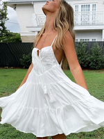 Sommerkleider Weiß Damenmode kurz und Trägern Baumwolle Kleider ärmellos Sommerkleid im Bequemen Stil und Spitzen und Schnüren und Spaghettiträger