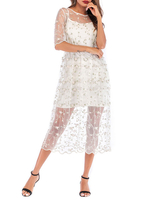 Sommerkleider Weiß Damenmode mit Rundkragen Tüll 1/2 Ärmel Kleider im casualen Stil Sommerkleid und Printmuster
