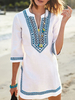 Sommerkleider Weiß Damenmode Notched Ausschnitt Baumwolle 3/4 Ärmel Kleider in Ethnic-Style Sommerkleid mit Stickereien