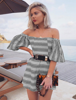 Sommerkleider Weiß Damenmode Polyester und Carmenausschnitt Kleider 1/2 Ärmel und Streifen Sommerkleid