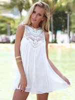 Sommerkleider Weiß Damenmode Polyester und Rundkragen Kleider Damenmode ärmellos und Spitzen Sommerkleid