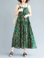 Sommerlanges Kleid Green Jewel Neck Ärmellos bedrucktes Muster Polyester Beach Maxi Cami Kleid