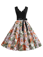 Sonnenblume Sommerkleid 1950er Jahre Schwarz Blumendruck Ärmelloses Swing-Kleid mit V-Ausschnitt