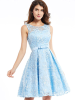 Spitze Ballkleid A-Linie Partykleider Schleifen Ärmellose Minikleider