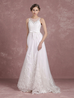 Spitze Boho Brautkleid eine Linie Beach Strand Brautkleid ärmellose Illusion Hals Spitze Applique Sweep Zug Brautkleid mit Schärpe Milanoo