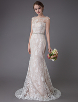 Spitze Brautkleid Champagner Juwel ärmelloses rückenfreies Meerjungfrau Strand Brautkleid mit Zug