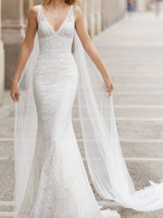 Spitze Brautkleid Mit Zug Meerjungfrau Ärmellose Spitze Tüll V-Ausschnitt Brautkleider