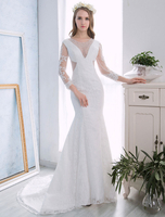 Spitze Brautkleider Beach Strand Elfenbein Langarm Meerjungfrau Brautkleid Open Back Illusion Perlen Perlen Sommer Brautkleider mit Zug