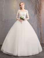 Spitze Brautkleider Elfenbein Illusion Ausschnitt halbe bodenlangen Prinzessin Brautkleid