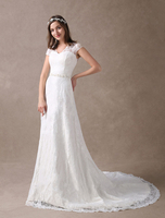 Spitze Brautkleider Elfenbein V-Ausschnitt Chiffon Sicke Flügelärmeln Brautkleid mit Zug