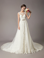 Spitze Brautkleider Kathedrale Zug Elfenbein Backless Perlen Sash A Line Brautkleider