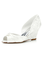 Spitze Brautschuhe Elfenbein Keil Peep verdreht Slip-on Hochzeitsschuhe
