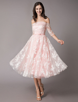 Spitze Cocktailkleider aus der Schulter weich rosa Half Sleeve Short Abendkleid