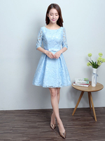 Spitze Cocktailkleider Kurze Heimkehr Kleid Eine Linie Bogen Schärpe Baby Blau Formales Kleid