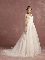 Spitze Hochzeit Kleid Illusion A Linie Brautkleid V Neck ärmellose Kapelle Zug Brautkleid