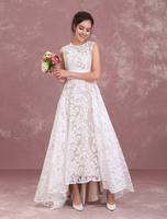Spitze Hochzeit Kleid in Champagnerfarbe mit Reißverschluss und Falten und Rundkragen