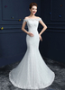 Spitze Hochzeit Kleid Meerjungfrau aus der Schulter Brautkleid Perlen Schärpe gestaffelte Ketten weiße Kapelle Zug Brautkleid