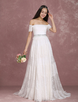 Spitze Hochzeit Kleid mit Schulterfrei und Reißverschluss Spitze in Elfenbeinfarbe natürliche Taillenlinie 20cm Milanoo