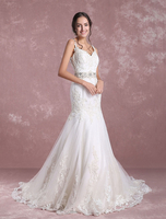 Spitze Hochzeit Kleid mit Spaghettiträger Satingewebe in Elfenbeinfarbe natürliche Taillenlinie 50cm