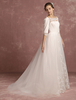 Spitze Hochzeit Kleid Tüll Bateau Perlen Brautkleid Illusion kalte Schulter A Line halbe Ärmel Rückendesign Brautkleid mit Hofschleppe Milanoo