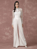 Spitze Hochzeit Overalls lange Ärmel Braut Hochzeit Hose zurück Illusion Satin a-Linie Culottes Brautkleid Milanoo