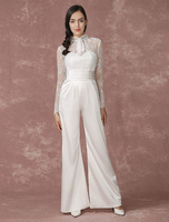 Spitze Hochzeit Overalls lange Ärmel Braut Hochzeit Hose zurück Illusion Satin a-Linie Culottes Brautkleid Milanoo
