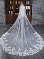 Spitze Hochzeit Schleier Elfenbein monistisches ovale Spitze Applique Rand Pailletten Kathedrale Brautschleier mit Kamm