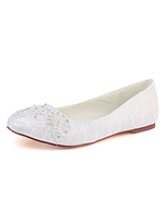 Spitze Hochzeit Schuhe Weiß Runde Toe Strass Perlen Flache Mutter Schuhe