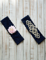 Spitze Hochzeit Strumpfband Dark Navy Flower Strass Perlen Braut Strumpfband