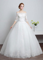 Spitze Hochzeitskleid aus der Schulter Elfenbein A Line Lace Up halben Hülse bodenlangen Brautkleid