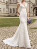 Spitze Hochzeitskleid Meerjungfrau V-Ausschnitt ärmellos bodenlang mit Zug Strand Brautkleider